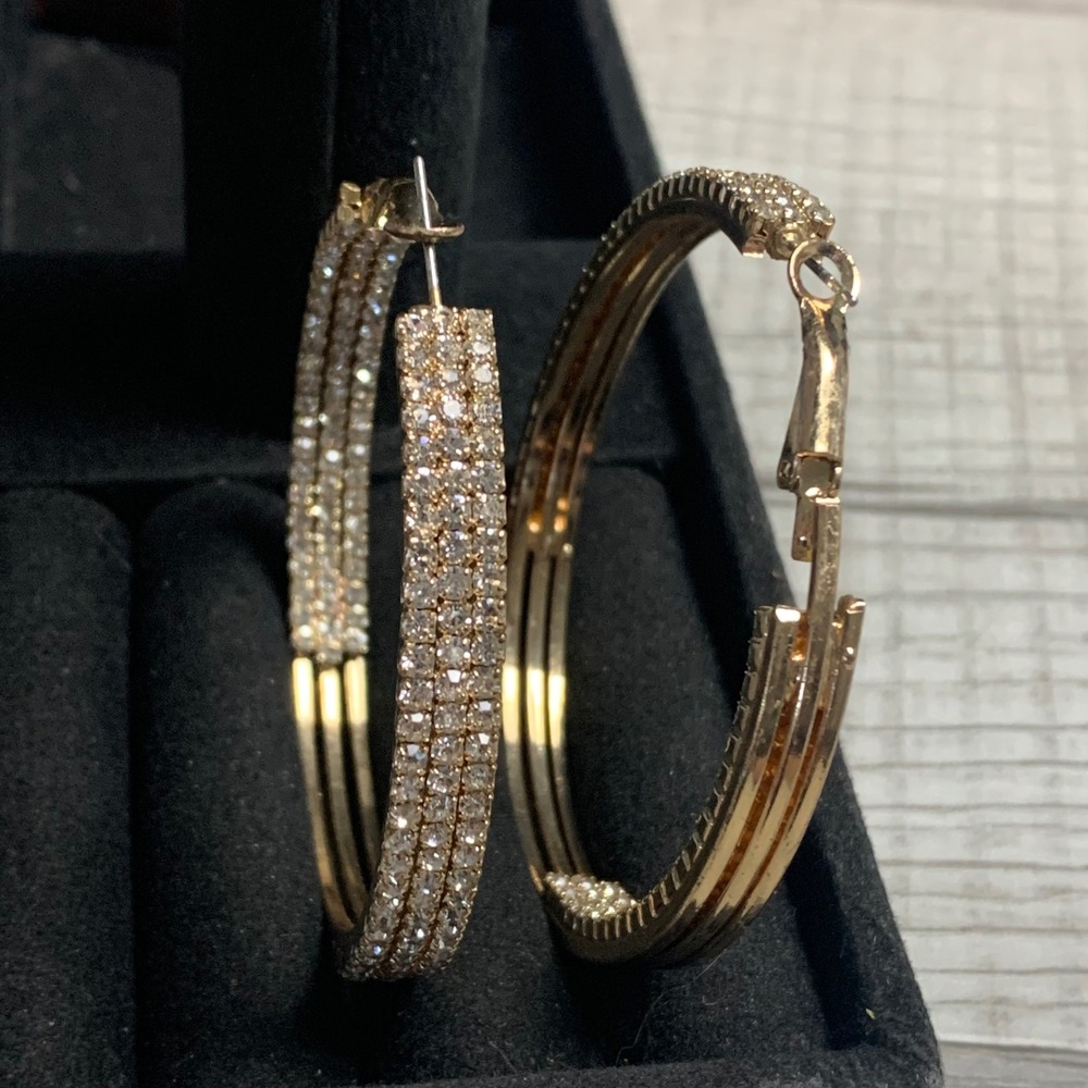 Gold Tone Triple Row Rhinestone Hoop Earrings Large Round Latch Back 2.25 Inch